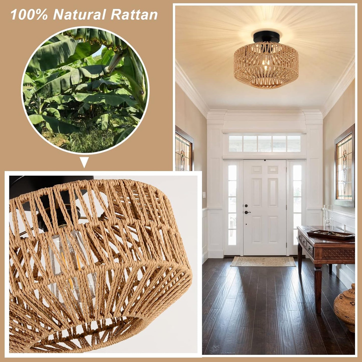 Boho Rattan Chandelier Ceiling Light Fixture with Dimmable LED Bulb - Hand Woven Flush Mount for Hallway, Bedroom, Kitchen & Living Room