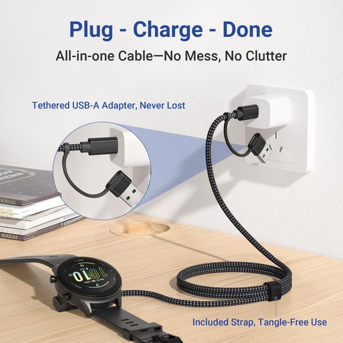 Itramax 2-in-1 USB-A Charger Cable for Garmin 4FT 2Pack,Data Charging Cord for Fenix 8 7 6 Pro 5 Plus,Approach S70 S62 S60 S42 S40 G12,Vivomove 3 3S,Quatix 8 7,Tactix 7 Pro,Vivosmart 5,Swim 2 - Black