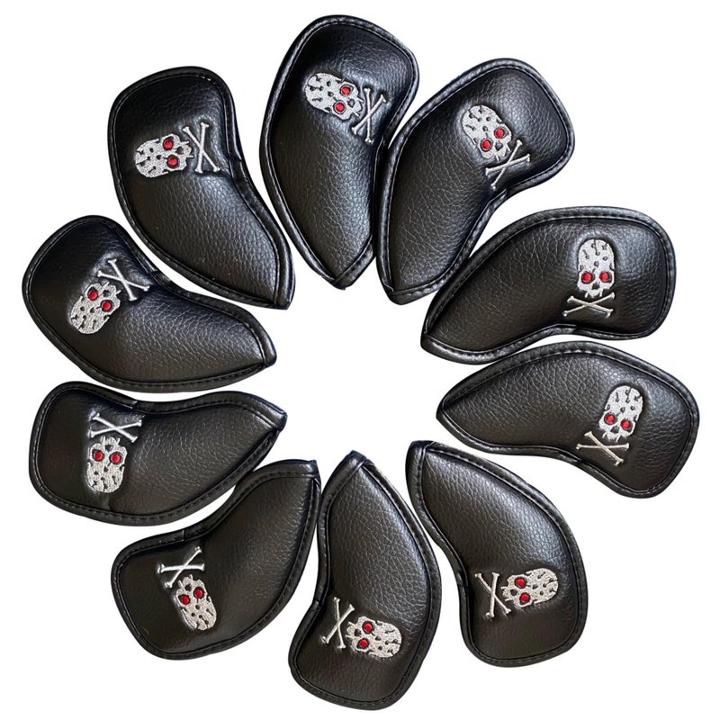 Premium PU Leather Golf Headcovers Set - 10pcs Skull Skeleton Iron Headcovers #3-9, PW, SW, AW - Black Club Protective Case