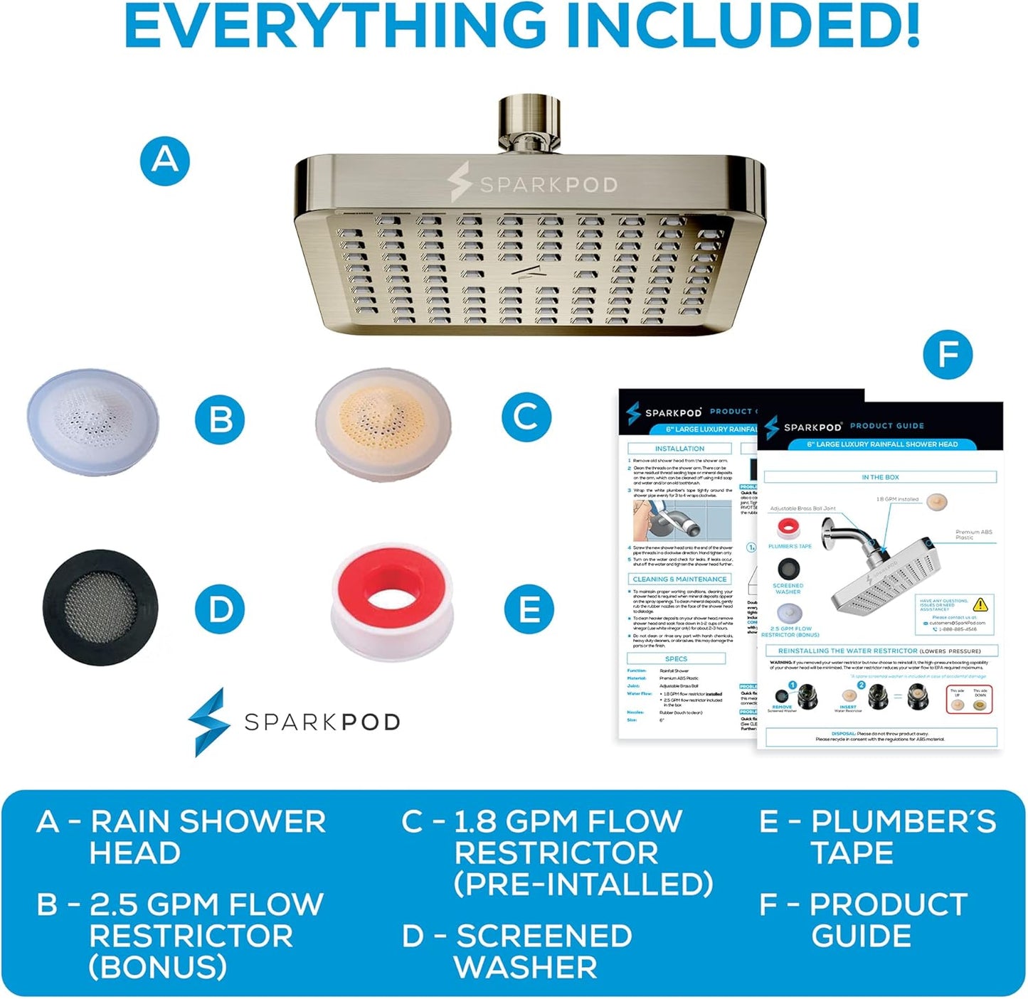 High Pressure Rain Shower Head - SparkPod Premium 6-Inch Square in Brushed Nickel - Easy Install & Clean