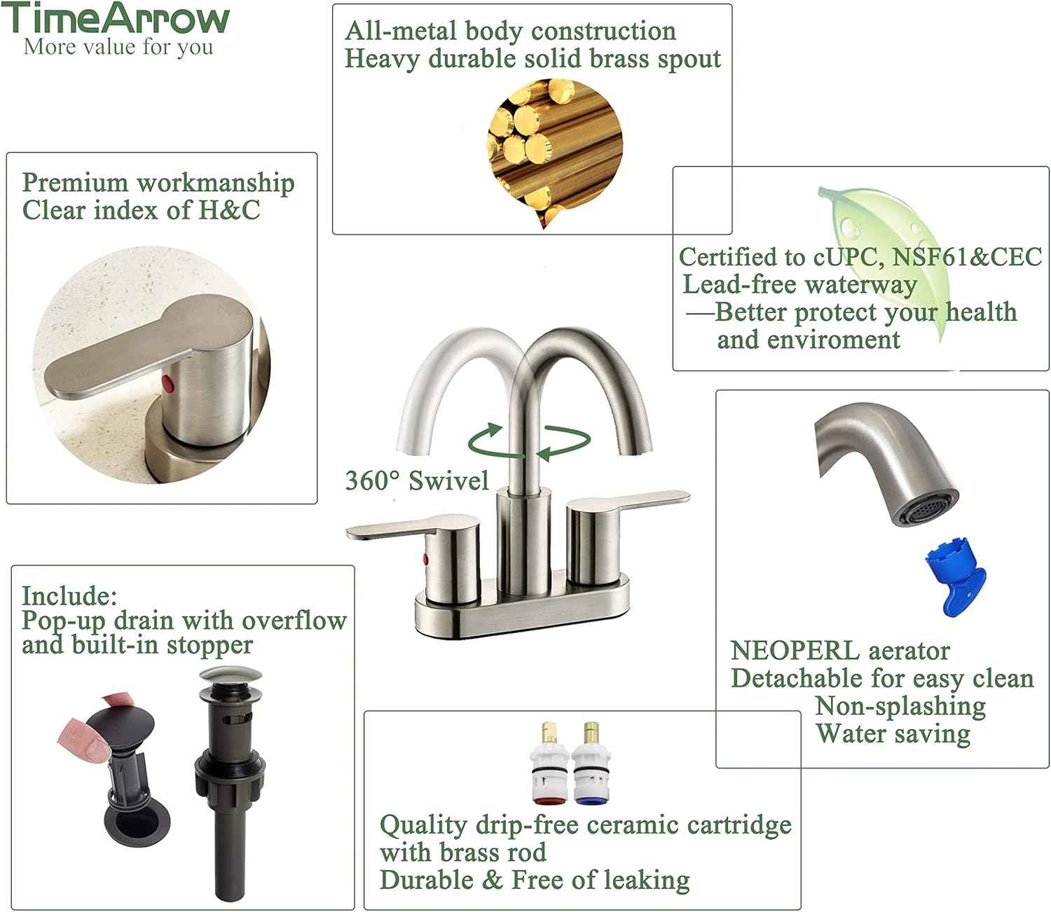 Brushed Gold Bathroom Sink Faucet - Modern 4-Inch Centerset with 360° Swivel Spout & Drain Assembly
