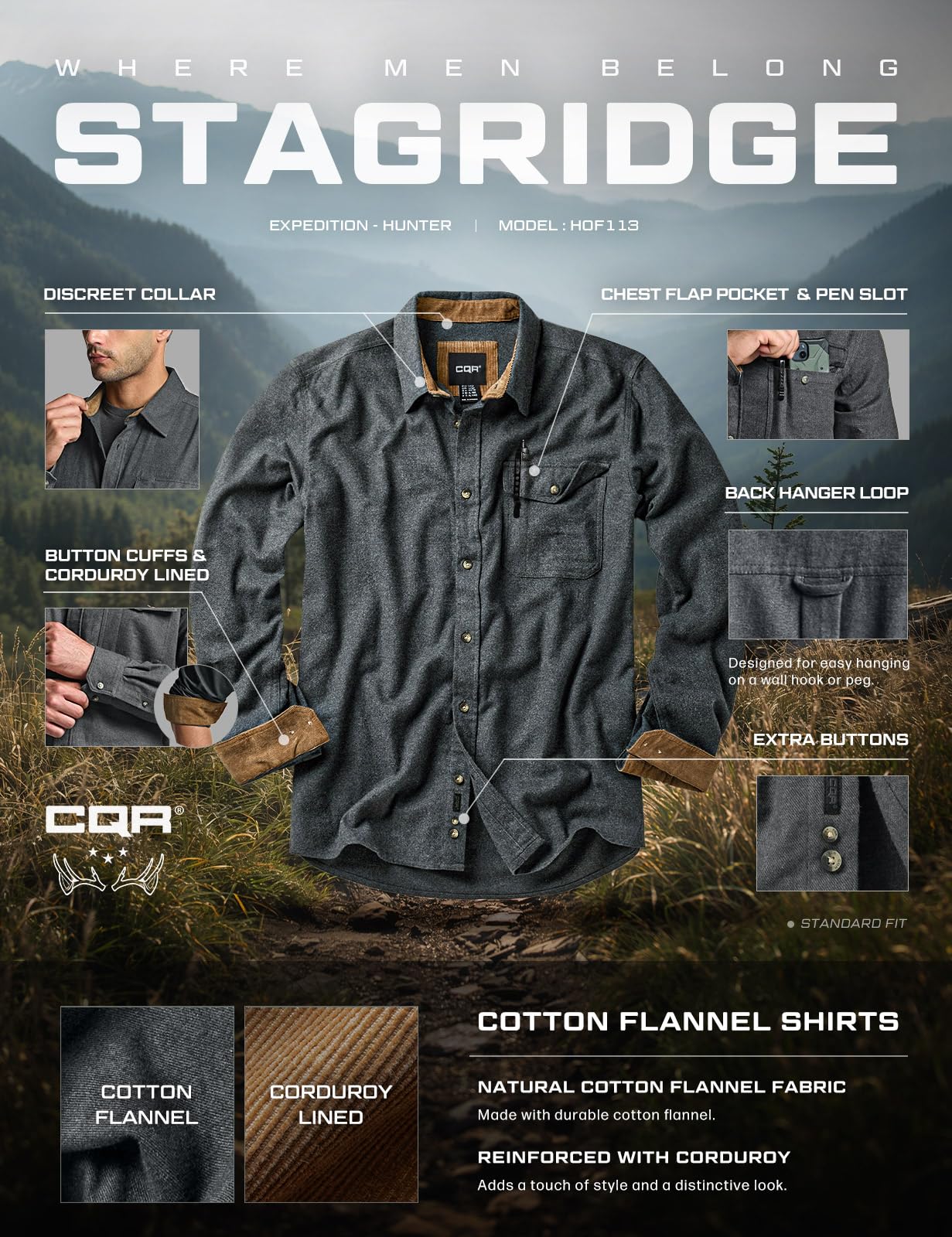 CQR Men's 100% All Cotton Button Down Flannel Shirts, Long Sleeve Brushed Warm Soft Casual Outdoor Plaid Shirt, Corduroy Grey, Small