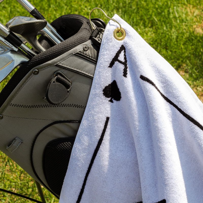 Player Supreme Golf Poker Ace of Spades Golf Towel. Cotton Sports Towel with Metal Bag Clip. White & Black Reversible Large (16" x 24")