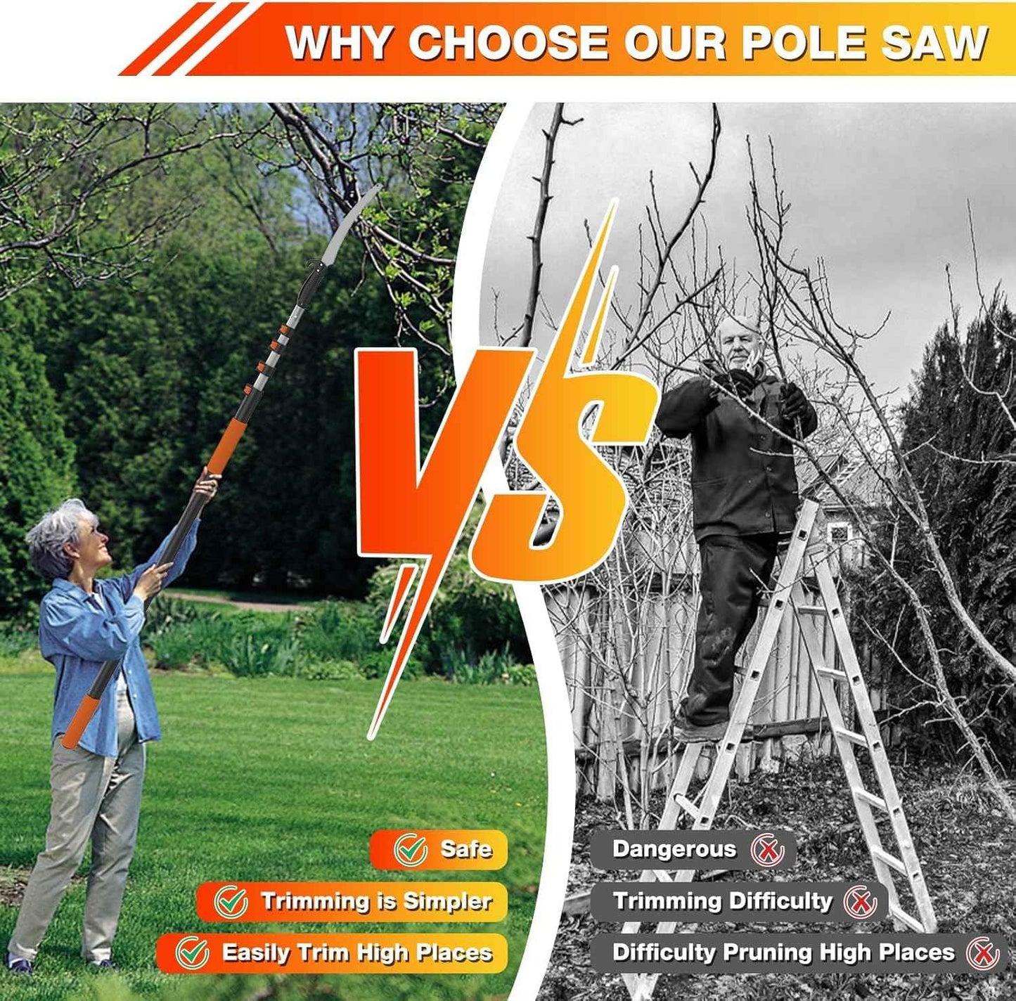 AgiiMan 26FT Telescoping Pole Saw for Tree Trimming - 19" Detachable Pruning Saw with Non-Slip Handle