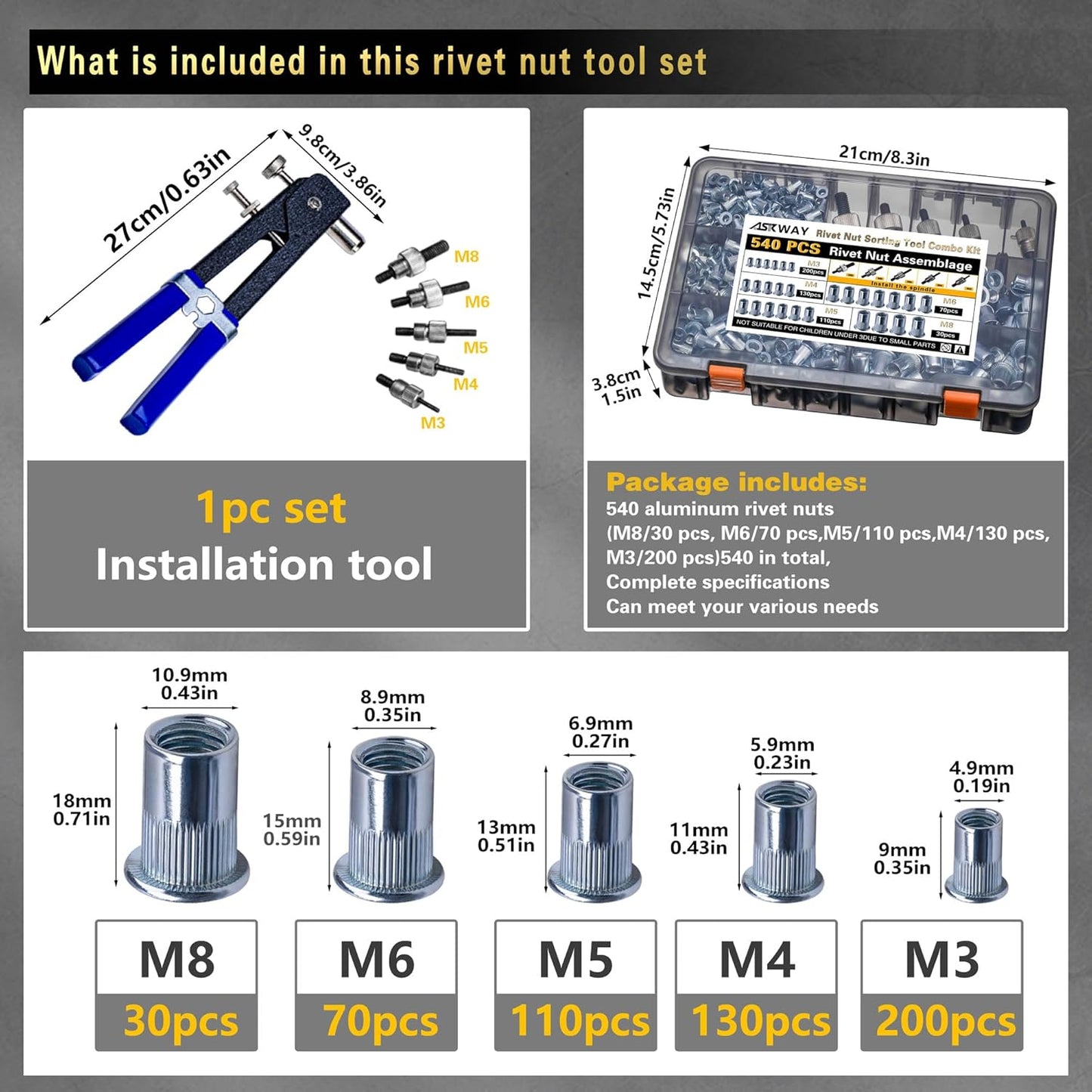 430-Piece Metric Rivet Nut Tool Kit - M8/M6/M5/M4/M3 for Automotive, Furniture & Industrial Use