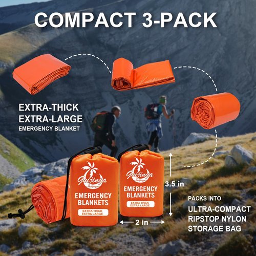 Guijinga 3-Pack Emergency Blanket, Extra-Thick Extra-Large Survival Blanket, Thermal Reflective Emergency Thermal Blanket for Outdoor Adventures, for Camping, Hiking, and Car Emergencies