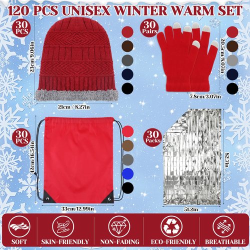 Geyoga 120 Pcs Charity Donation Homeless Care Supplies Bulk Winter Beanie Emergency Blanket Touchscreen Glove Drawstring Bags(Multicolor)