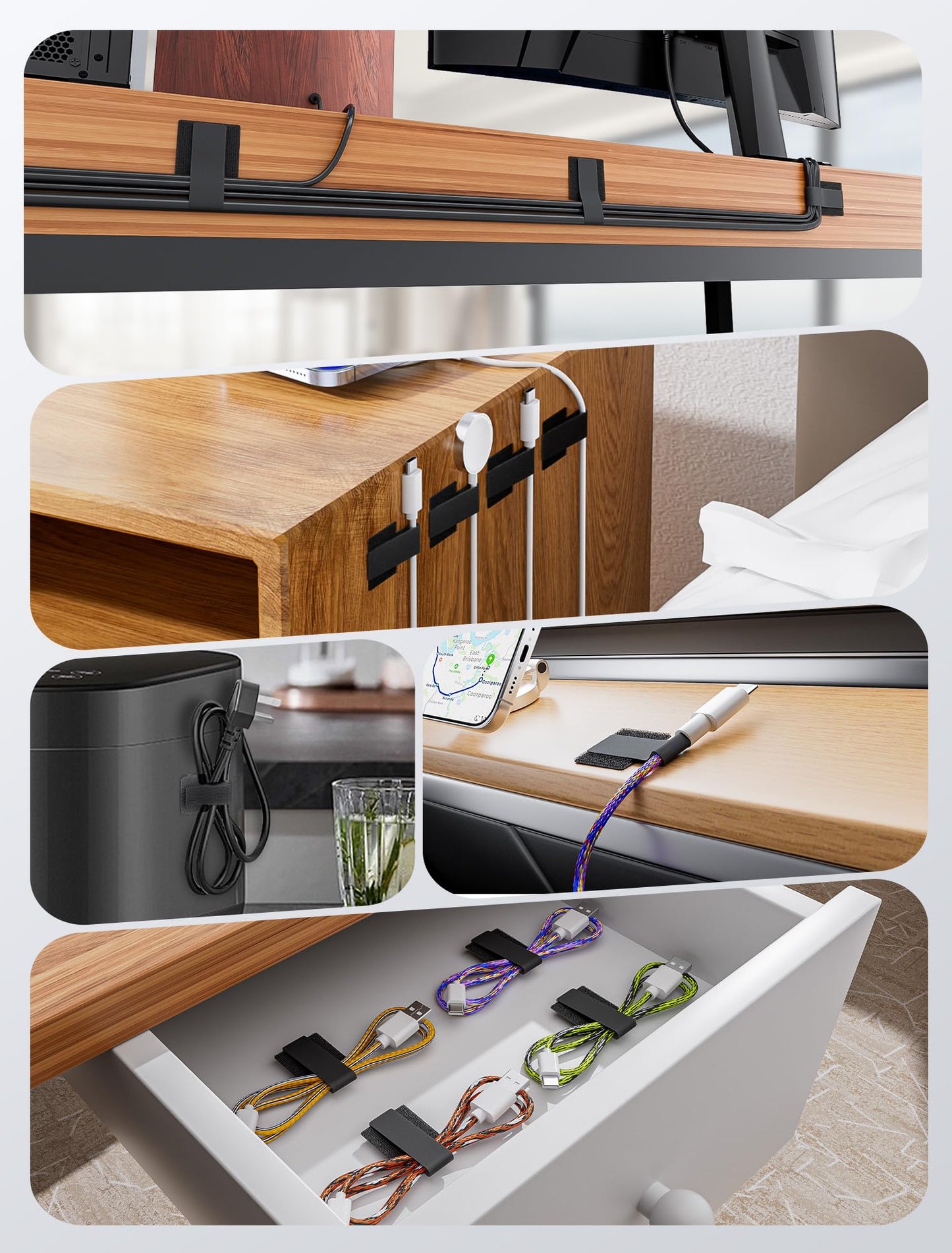 100pcs Hook and Loop Cable Ties, gliship Adhesive Wire Management, Adjustable Cable Straps Cord Wrappers Keeper Cord Holder, Sticky-back Cord Organizer for Kitchen Appliances at Office, Home - Black