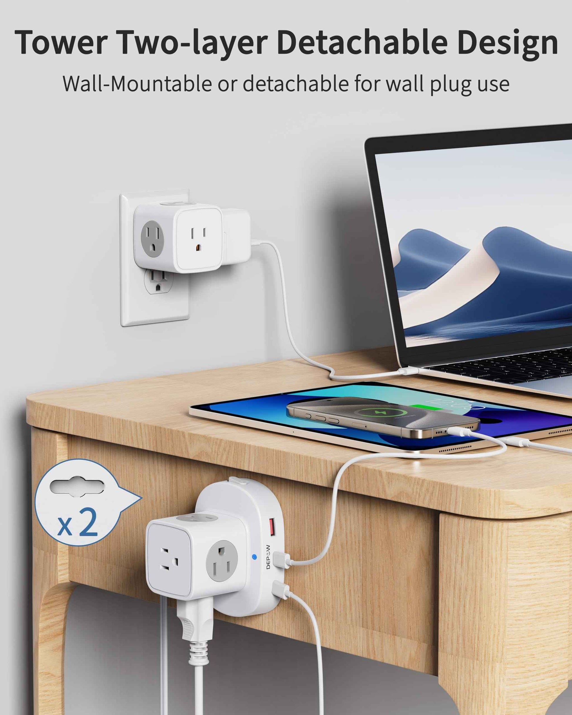 DEPOW 2 Prong Power Strip, 2 to 3 Prong Outlet Adapter with 9 Outlets 3 USB Ports (2 USB C), 1700J Two Prong Surge Protector, 5FT Extension Cord, Wall Mount for Old House Non-Grounded Outlets