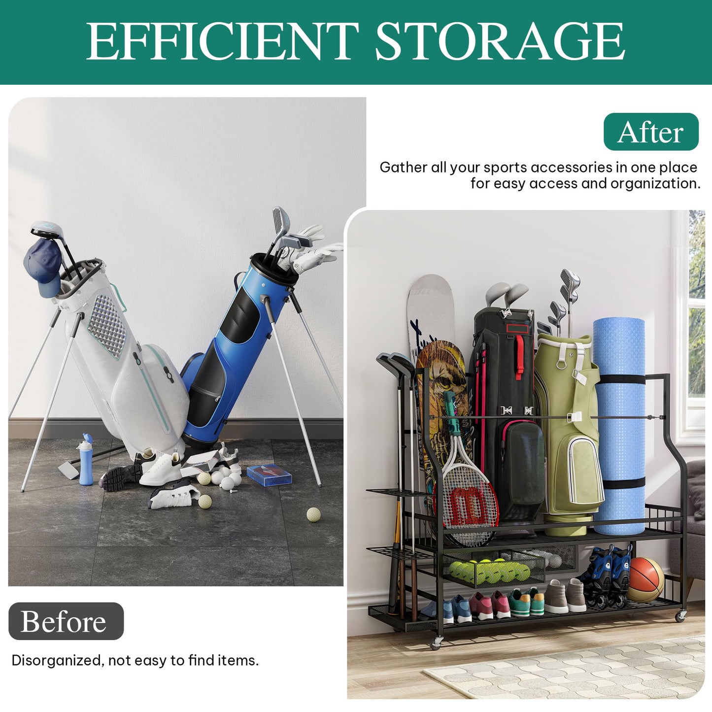 YITAHOME Golf Bag Storage Rack with Wheels, 4 Golf Bag Organizer for Garage, Club, and Shed, Features Drawer for Golf Bags, Clubs, Balls, and Other Sport Equipment