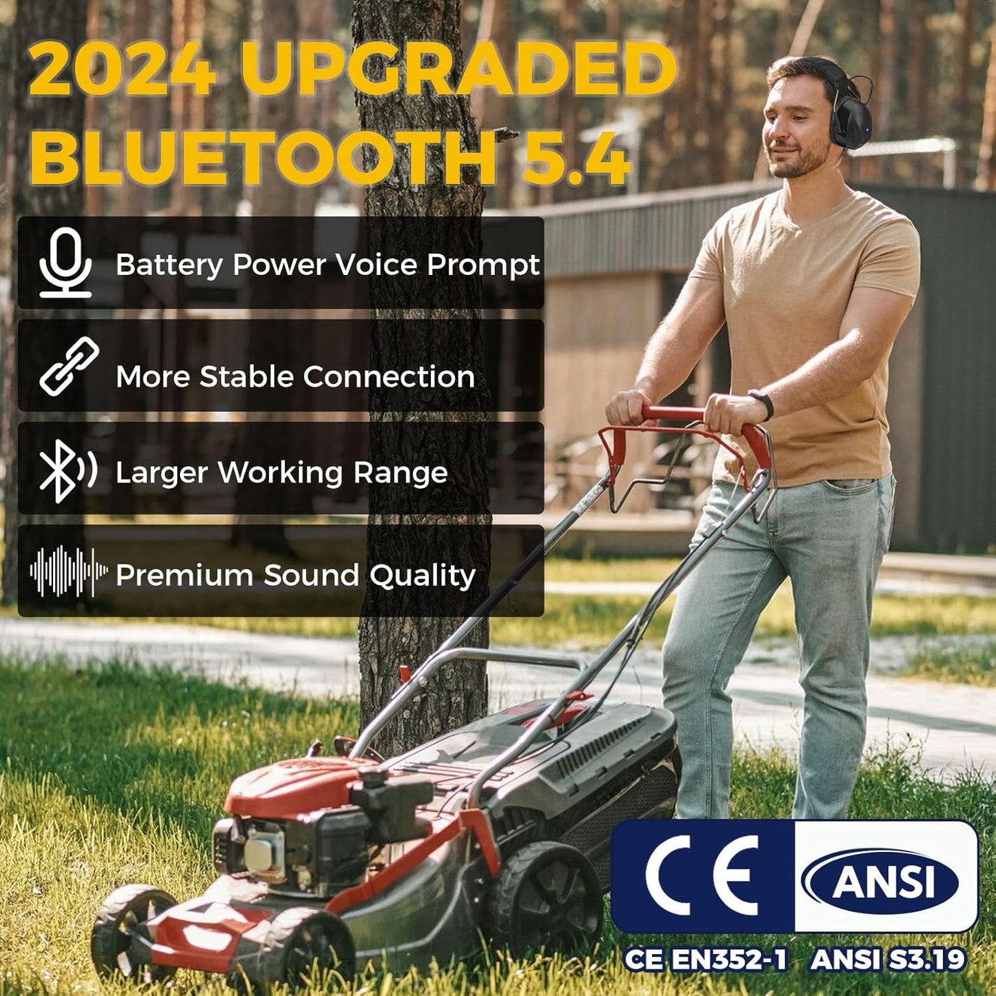 Bluetooth 5.4 Hearing Protection Earmuffs - 120H Rechargeable 30dB Safety Headphones with Mic for Mowing & Construction