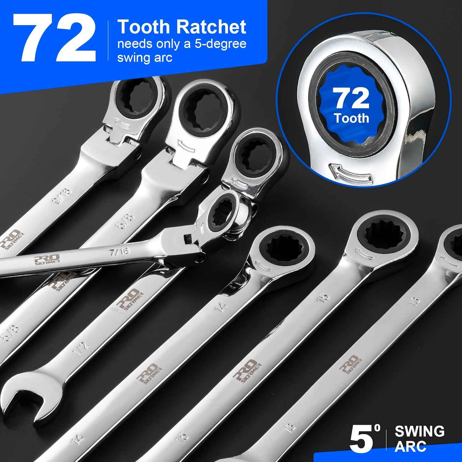 14-Piece Metric Ratcheting Wrench Set - Flex-Head, 72 Tooth, Cr-V Steel with Storage Case (6-19mm)