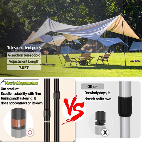 Adjustable Heavy Duty Tarp Poles 7.6FT,XINCAMPING Aluminum Tent Poles with Protection Cap - 4 Pack Rust-Proof Awning Poles for Camping, Hiking, Canopy & Outdoor Shelter