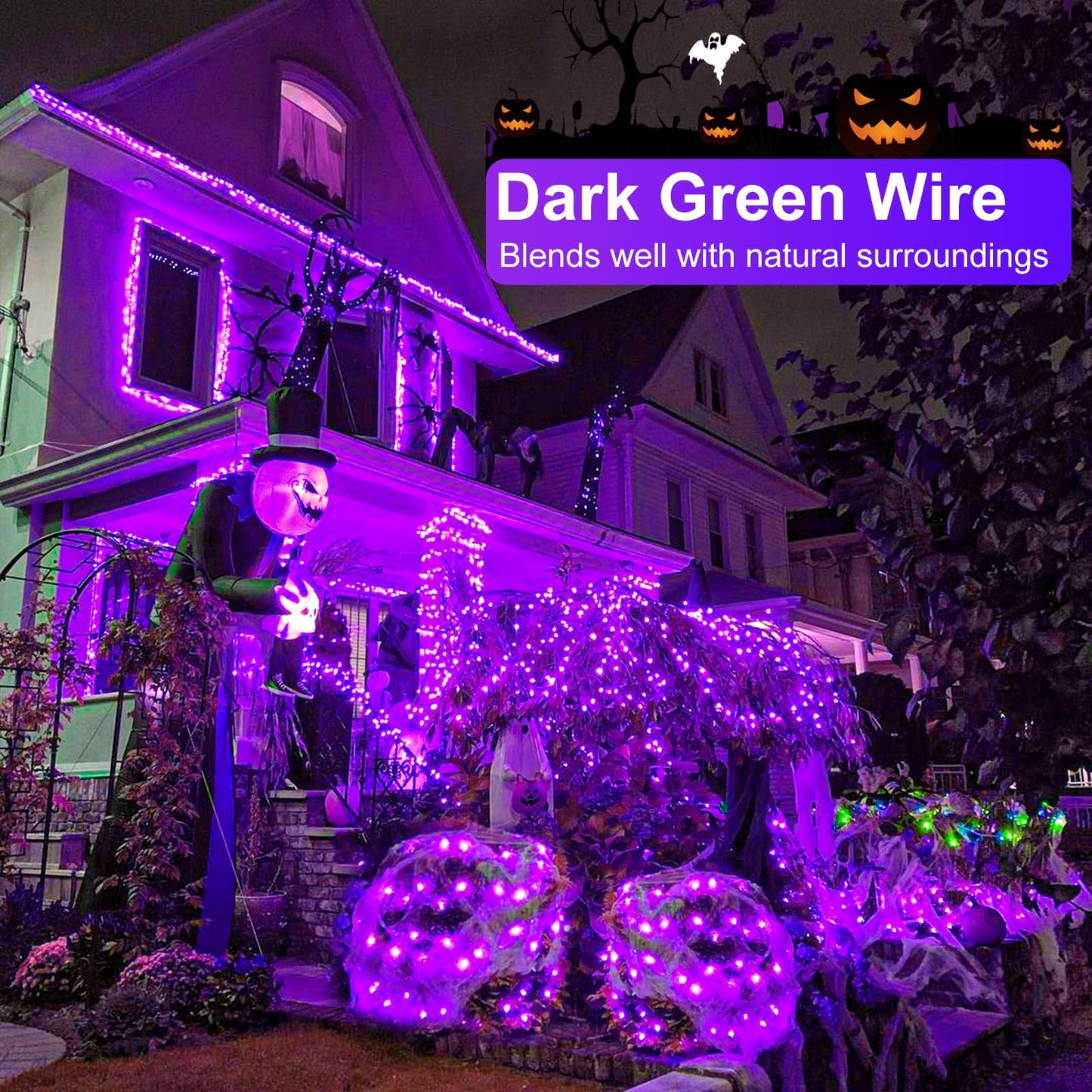 Nielfoi Purple Halloween Lights, 66FT 200 LED Halloween Lights Outdoor with 8 Modes Waterproof, Connectable String Light Indoor Green Wire for Tree Garden Patio Party Holiday Decorations