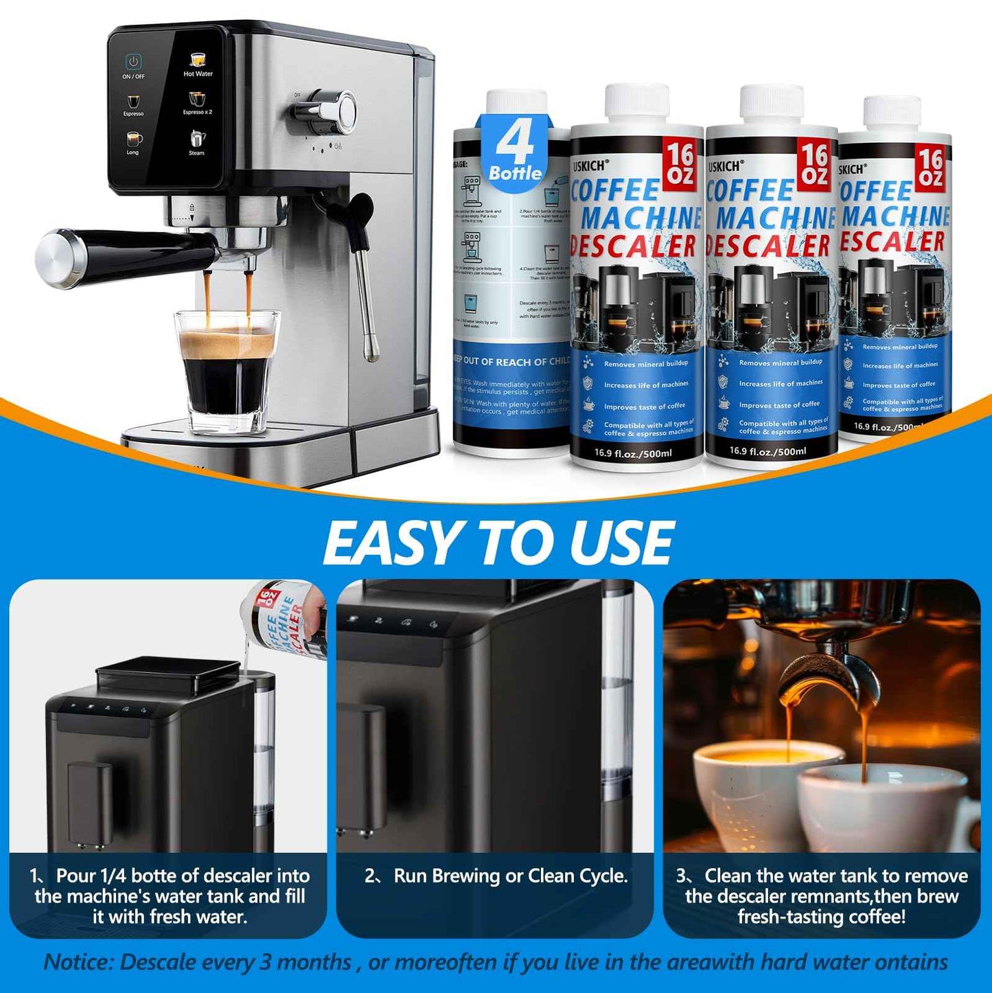 4 Pack Coffee Machine Descaler Cleaner -16 Uses,Descaling Solution for Nespresso Breville Keurig Jura &Delonghi - Coffee Machine Cleaners For All Coffee Makers & Espresso Machines,Glass Pot Cleaner