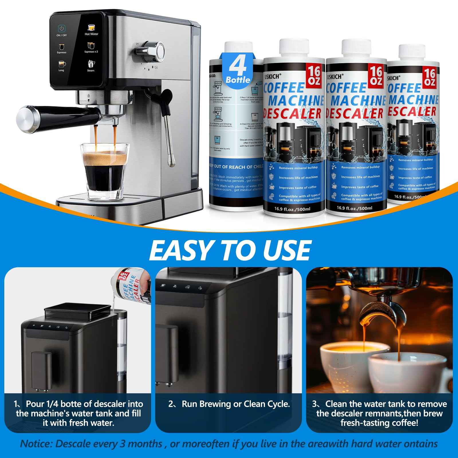4 Pack Coffee Machine Descaler Cleaner -16 Uses,Descaling Solution for Nespresso Breville Keurig Jura &Delonghi - Coffee Machine Cleaners For All Coffee Makers & Espresso Machines,Glass Pot Cleaner