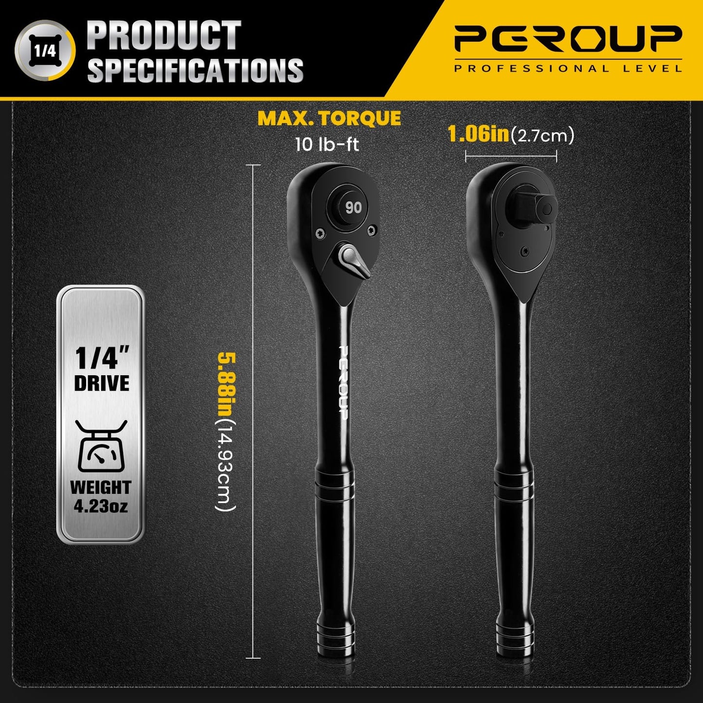 pgroup 1/4-Inch Drive Ratchet Wrench, 90 Tooth Reversible Ratchet, 4-Degree Swing, Ergonomic Handle, Chrome Alloy Made, Quick Release Ratchet Wrench for Repairing, Home, DIY