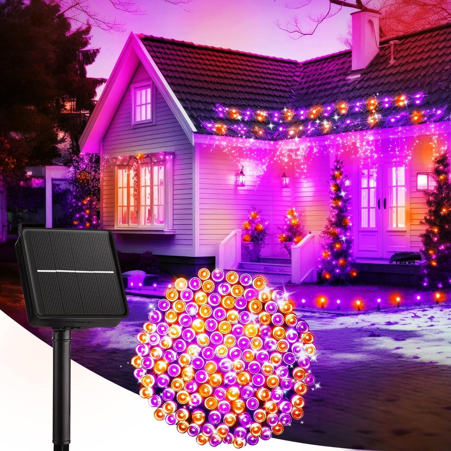 Brightown 100LED Solar String Lights Outdoor, Solar Powered Lights IP65 Waterproof for Party Garden Yard Home Holiday Tree Decoration Lighting (Orange&Purple, 100LED-1PACK)