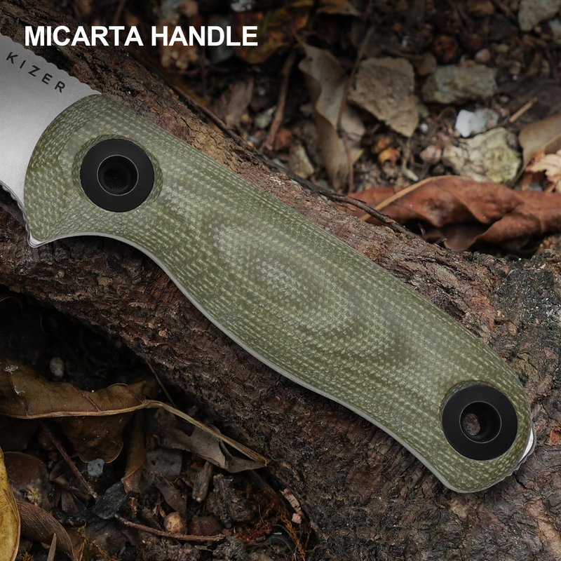 Kizer Drop Bear Fix 3 Fixed Blade Knife, 3.8" 14C28N Blade EDC Camping Knife with Green Micarta Handle, Small Hunting Knives with Sheath, Outdoor Survival Knives with Pocket Clip and Lanyard, 1101A2