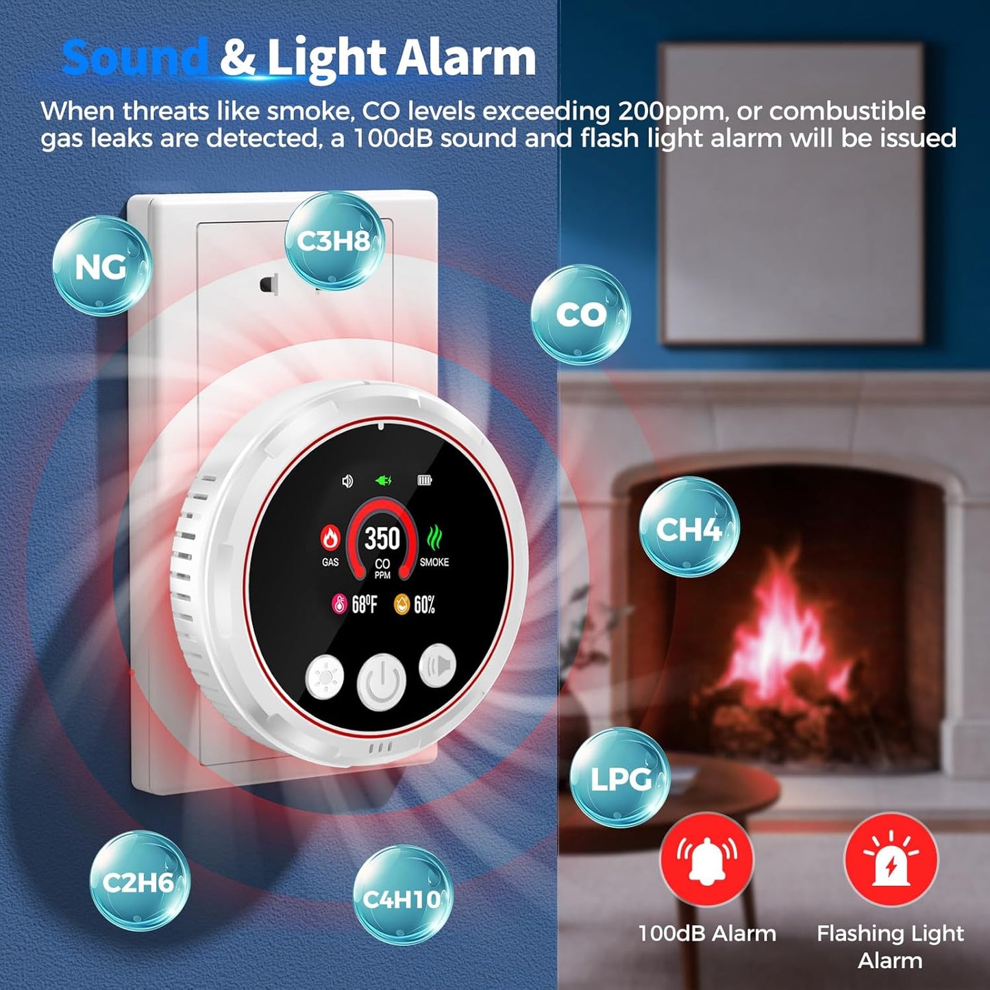 5-in-1 Carbon Monoxide, Smoke & Gas Detector with Battery Backup - HD Digital Screen for Home Safety