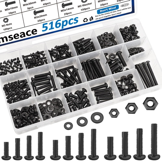 smseace 516Pcs Black Nuts and Bolts Assortment Kit 21-Sizes M3/M4/M5/M6 Nut Bolt Washer Assortment Kit for Machinery, Furniture, Automotive, Motorcycle Repairs