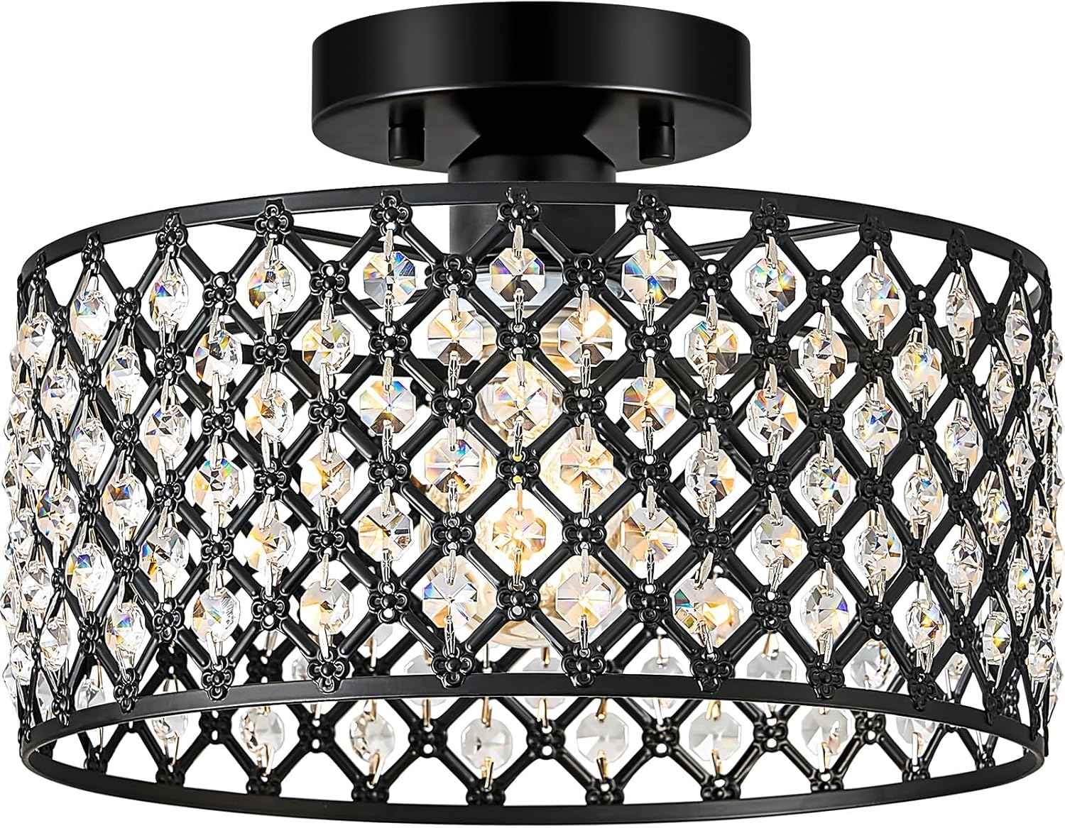Modern Black Crystal Semi Flush Mount Ceiling Light Fixture - 11.2" Round Chandelier for Dining Room, Hallway, Kitchen & Bedroom