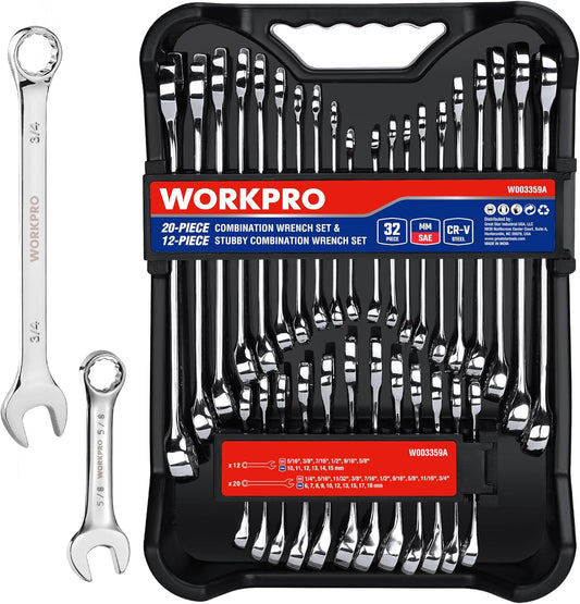 WORKPRO 32-Piece Wrench Set - SAE & Metric Combination with Organizer Tray, Cr-V Steel