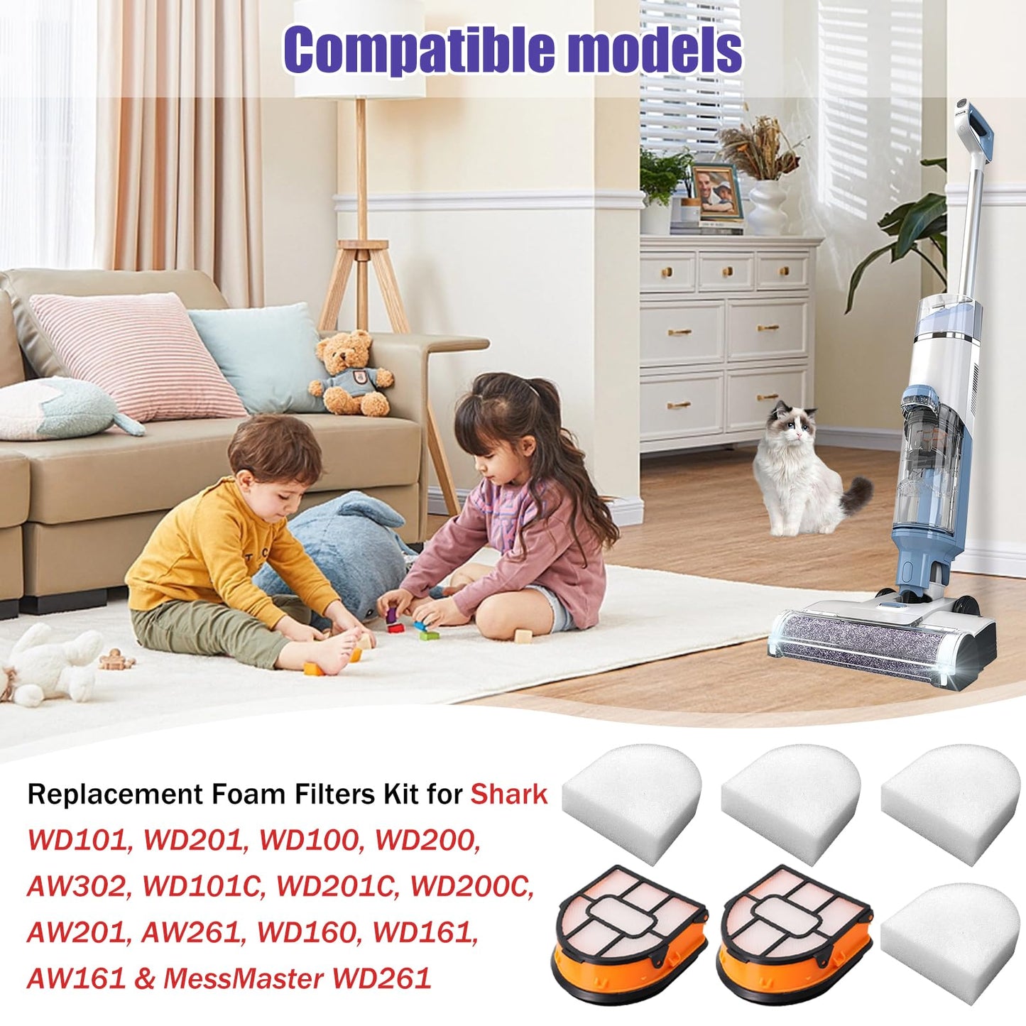 Replacement Foam Filters for Shark WD101 WD201 WD100 WD200 AW302 AW201 AW261 WD160 WD161 AW161 & MessMaster WD261 HydroVac XL 3-in-1 Vacuum Cleaner Parts# WDB1, WDB2, WDFF1, WDFF2, WDB1F2-8Pack