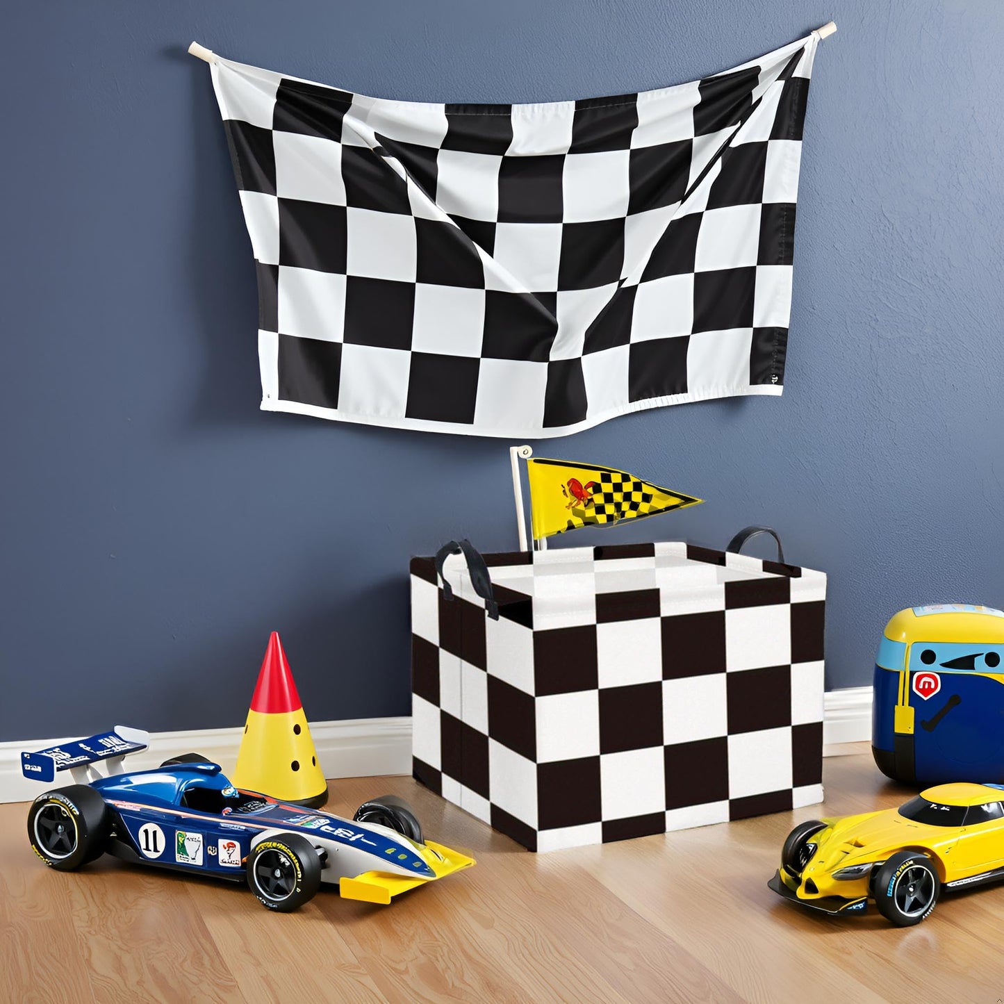 TIBAOLOVER Rectangular Checkered Basket Storage Bin Collapse Storage Basket with Handles for Organizing Home Kitchen Boys and Girls Toys Office Closet Shelf Baskets (Race Flag)