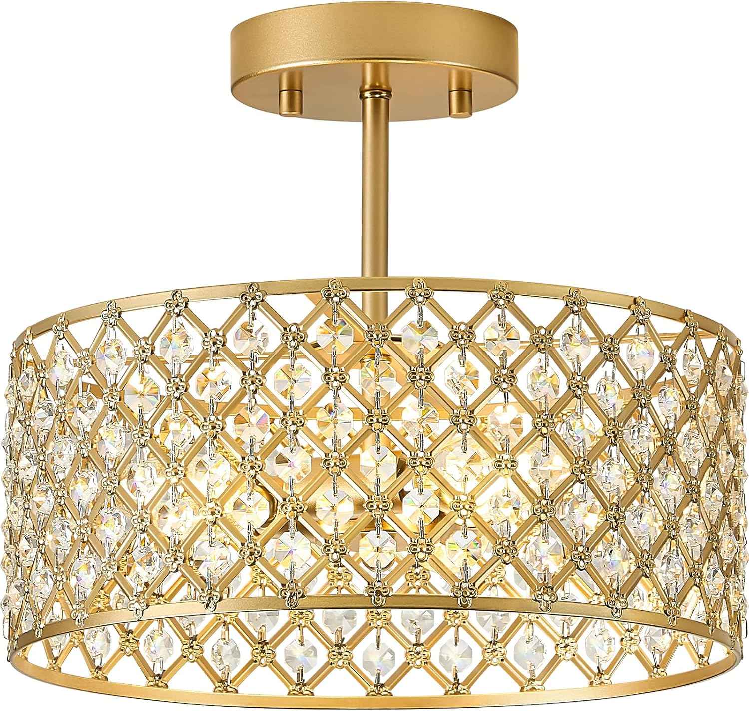 Modern Black Crystal Semi Flush Mount Ceiling Light Fixture - 11.2" Round Chandelier for Dining Room, Hallway, Kitchen & Bedroom
