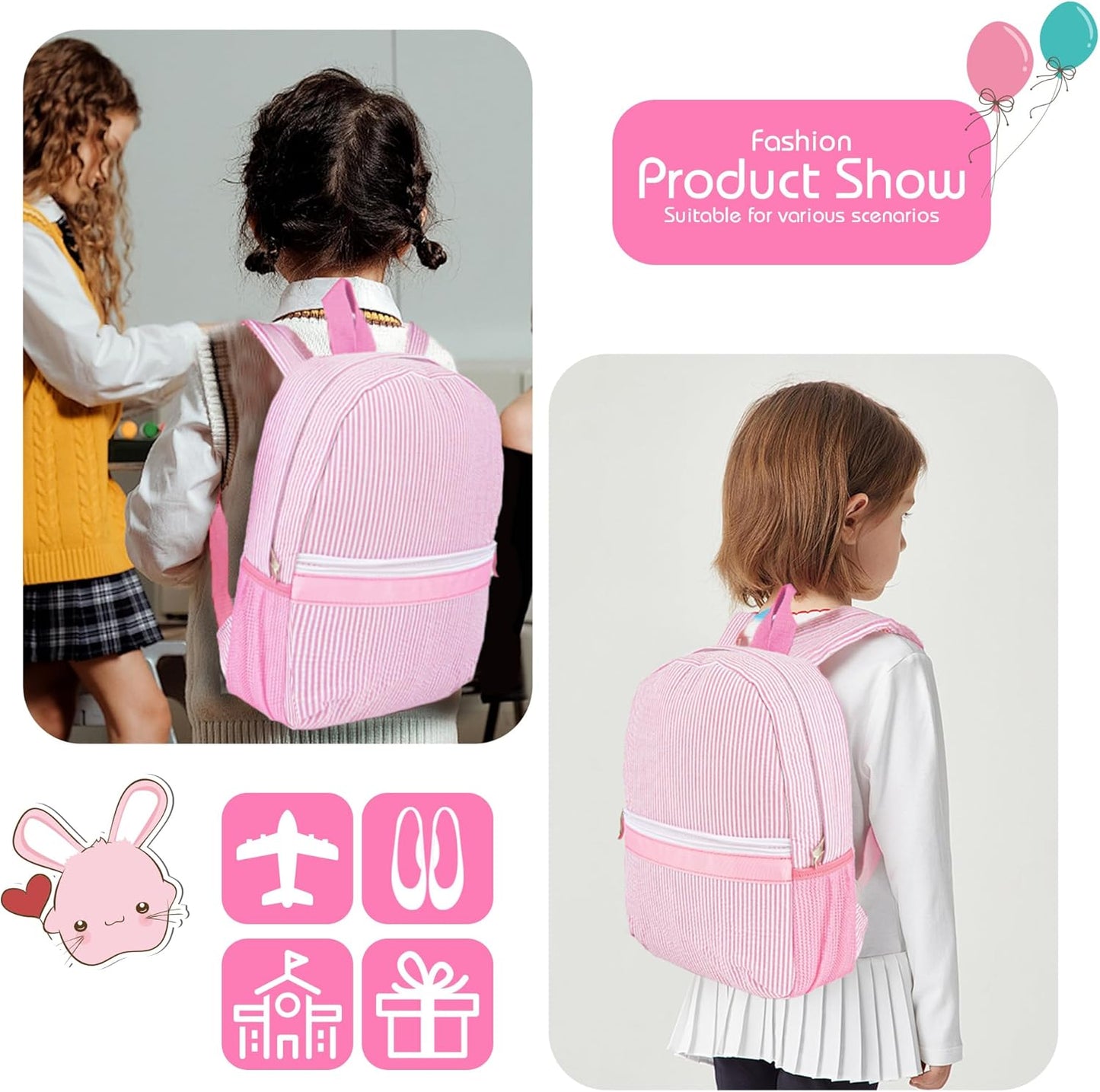 MT WORLD Personalized Toddler Backpack - Embroidered Name Seersucker Design for Girls 2-4 (Pink)