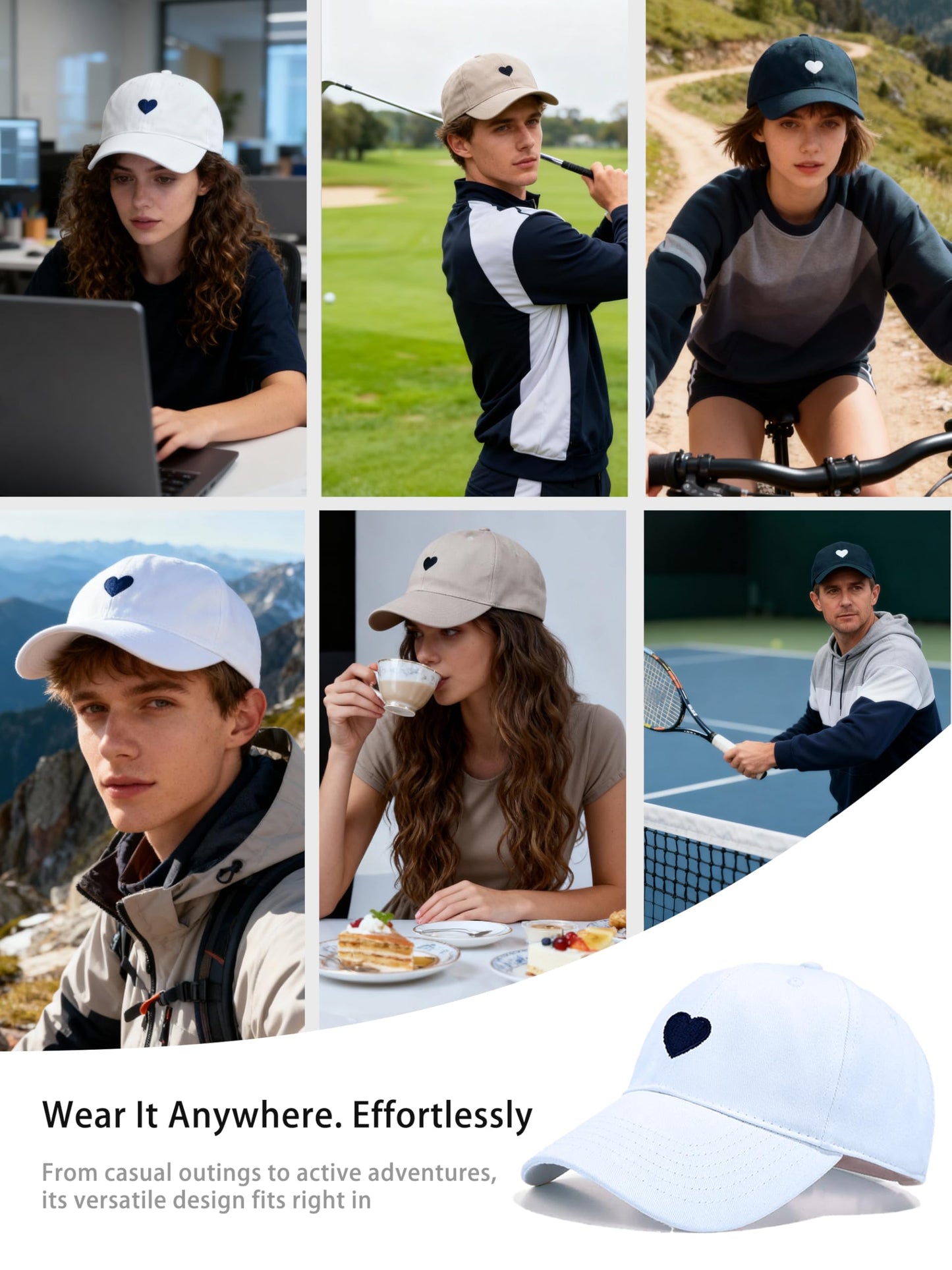 JYNBELSOR Heart Embroidered Baseball Cap, Cotton Adjustable Hat for Women Mom Hat Plain Cap White