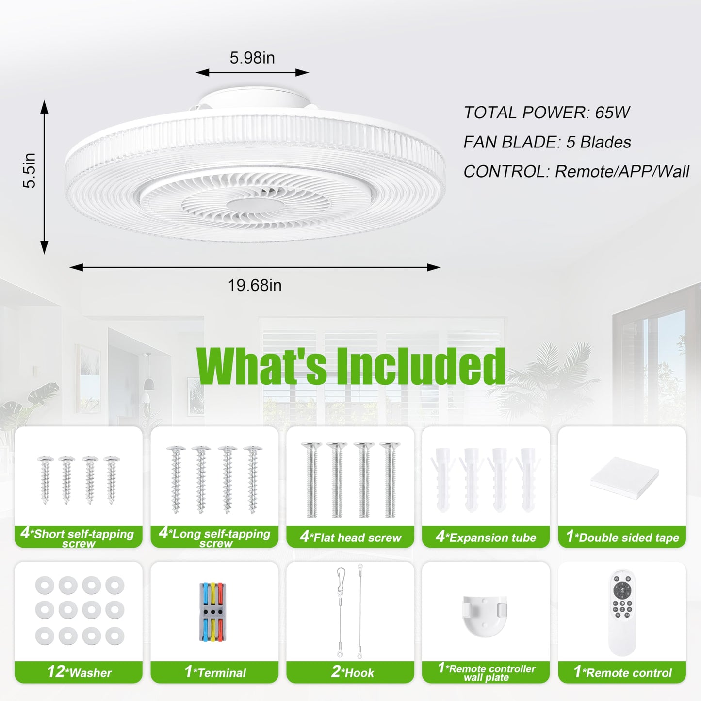 White 20" Modern Low Profile Ceiling Fan with Light and Remote, Stepless Color Temperature and Brightness Adjustable, 6 Wind Speeds, Suitable for Bedroom, Kids Room, Living Room and Study Room