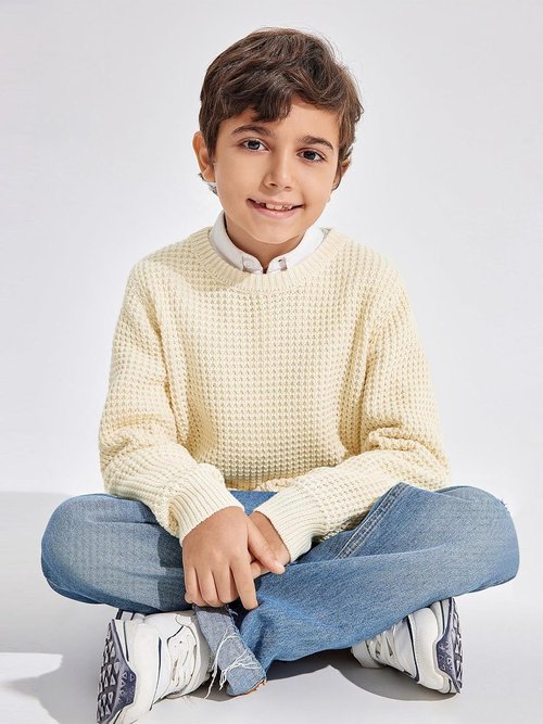 Haloumoning Boys Casual Pullover Sweater - Chunky Crewneck Waffle Knit Jumper for Ages 4-14