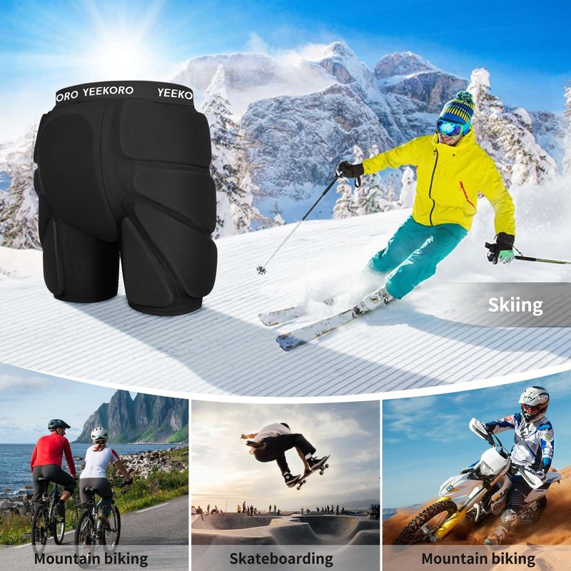 YEEKORO 3D Protective Padded Shorts for Snowboard, Ski and Skate, Protection Pads for Tailbone, Hip, and Butt, Crash Pad Impact Gear (M) Black