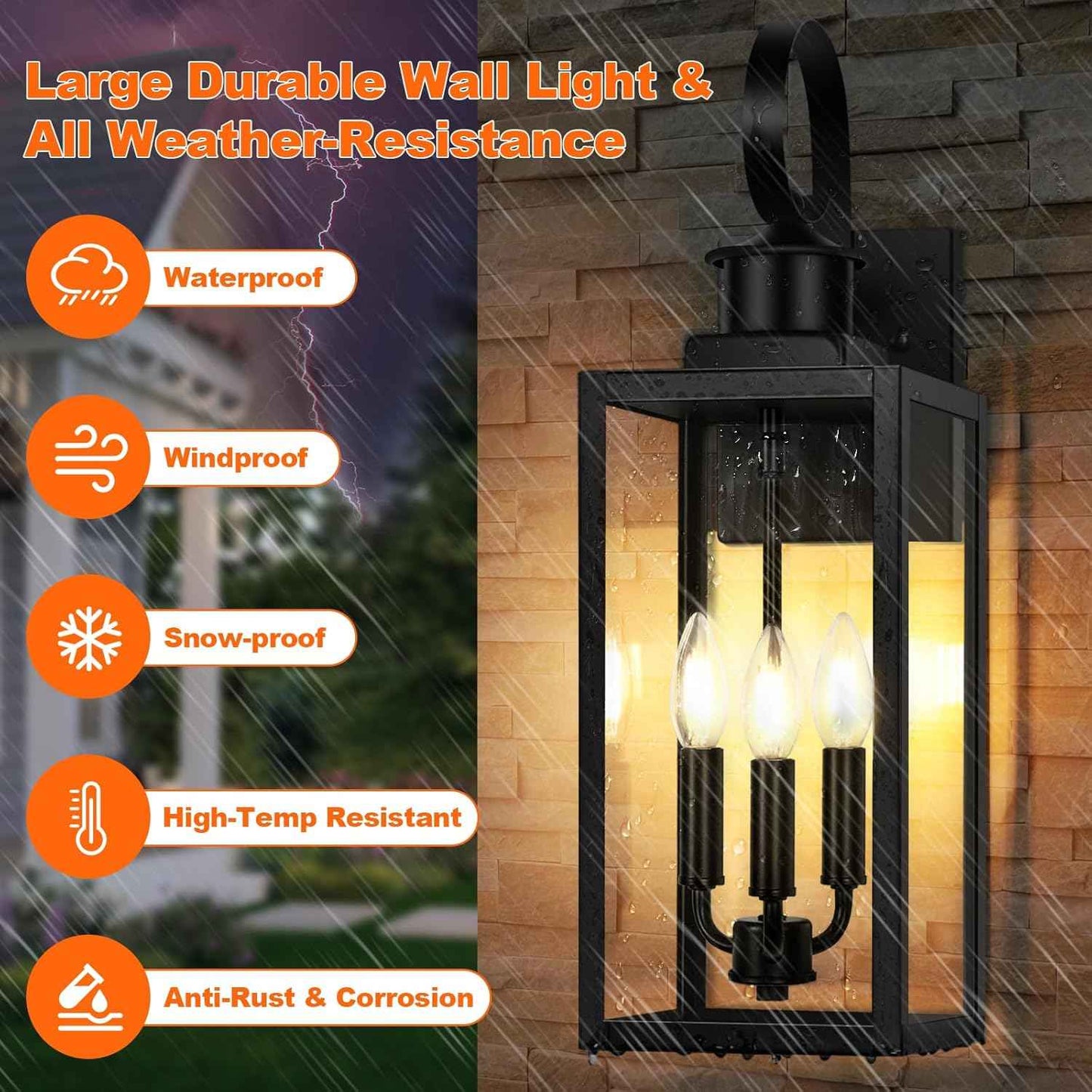 3-Light Waterproof Outdoor Wall Lantern - Black Sconce Fixture for Porch & Garage