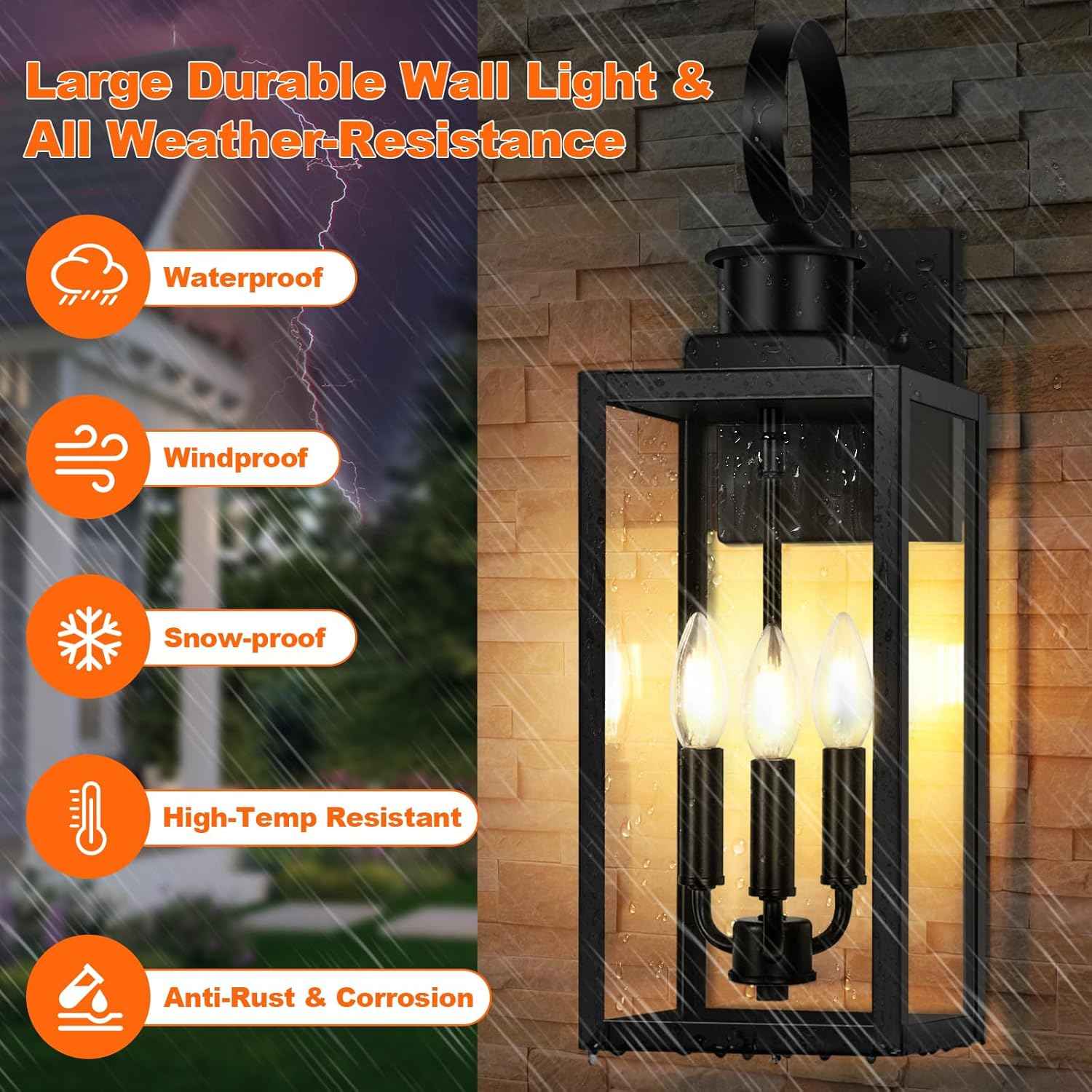 3-Light Waterproof Outdoor Wall Lantern - Black Sconce Fixture for Porch & Garage