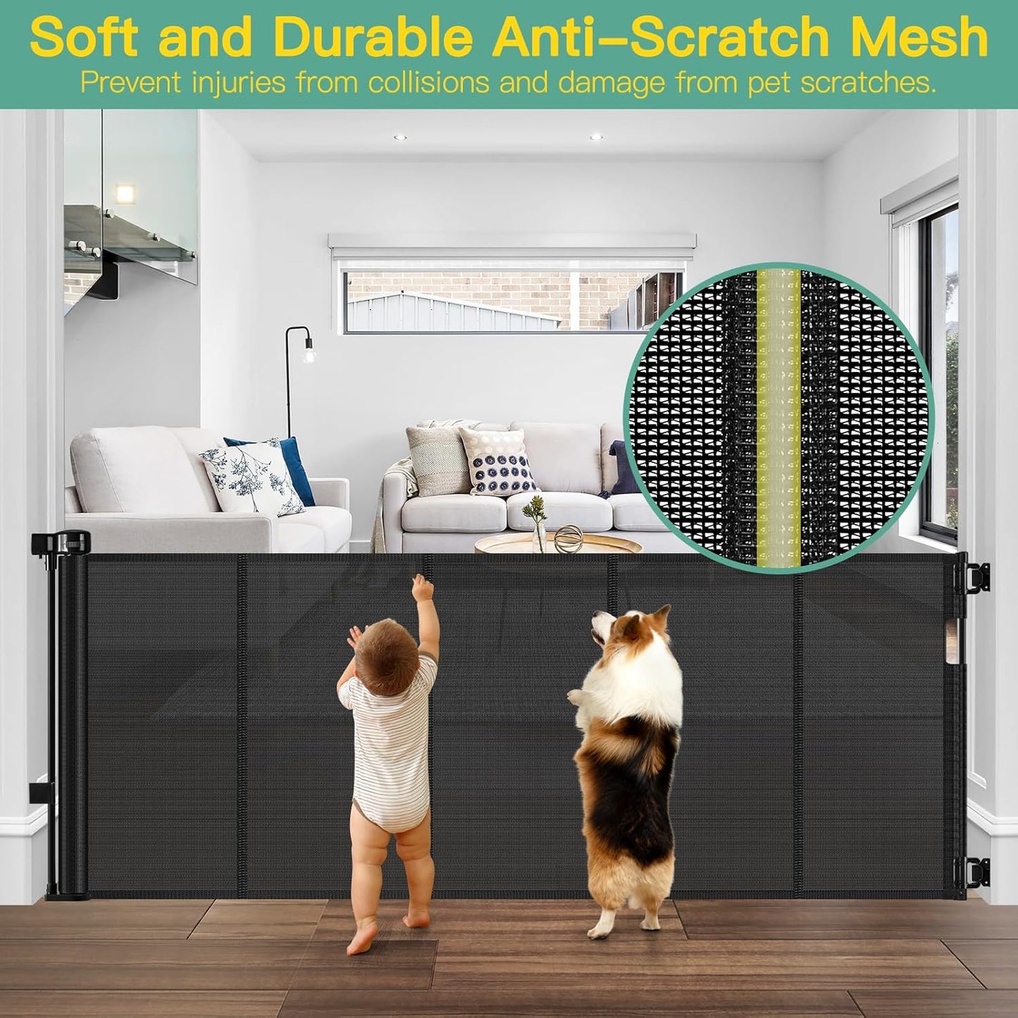 Retractable Baby Gate 60" Wide - Reinforced Mesh Pet Barrier with Anti-Escape Design, Black