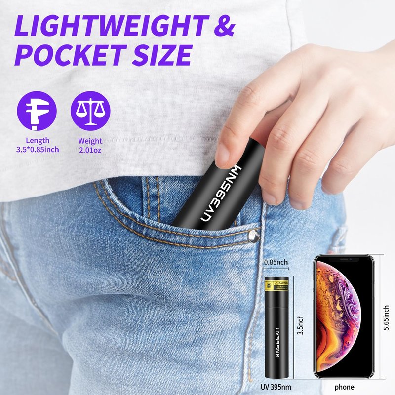 UV Flashlight Rechargeable 395nm Black Light for Pet Urine Detection, USB - C Portable Blacklight Mini Powerful Woods Lamp LED ultra violet Flashlights uv for Resin Curing, Leak Detection, Travel