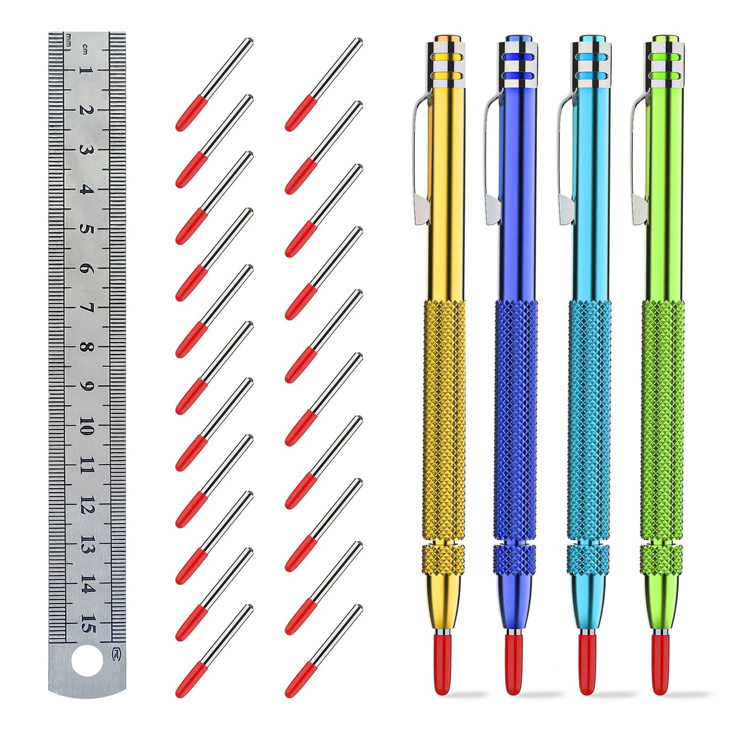 Glieskir 4 Pack Tungsten Carbide Scriber with Magnet,with Extra 21 Replacement Marking Tip And 6-Inch Ruler,Etching Engraving Pen for Glass/Ceramics/Metal Sheet