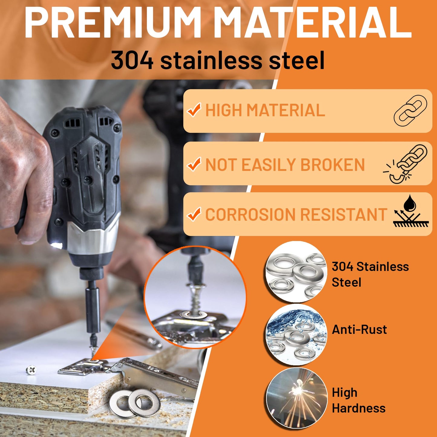 Stainless Steel Flat Washers Assortment Kit, SAE 304, 300-Piece Metal Screw Washers Set for Bolts, 8 Sizes #6; #10; #12; 1/4"; 5/16"; 3/8"; 1/2"