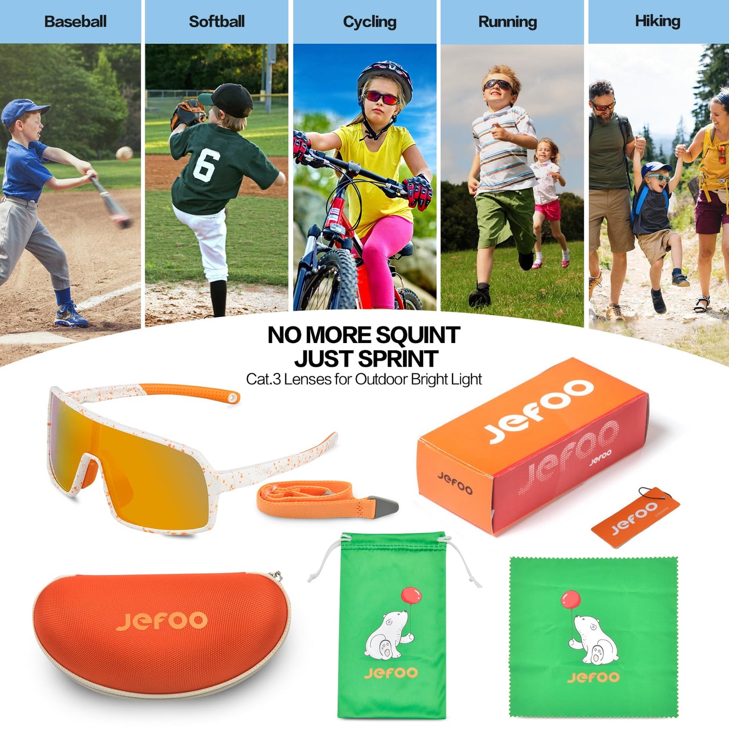 Jefoo Kids Baseball Sunglasses Polarized Sports UV400 Protection Lightweight Cycling Glasses with Strap for Boys Girls 5-10