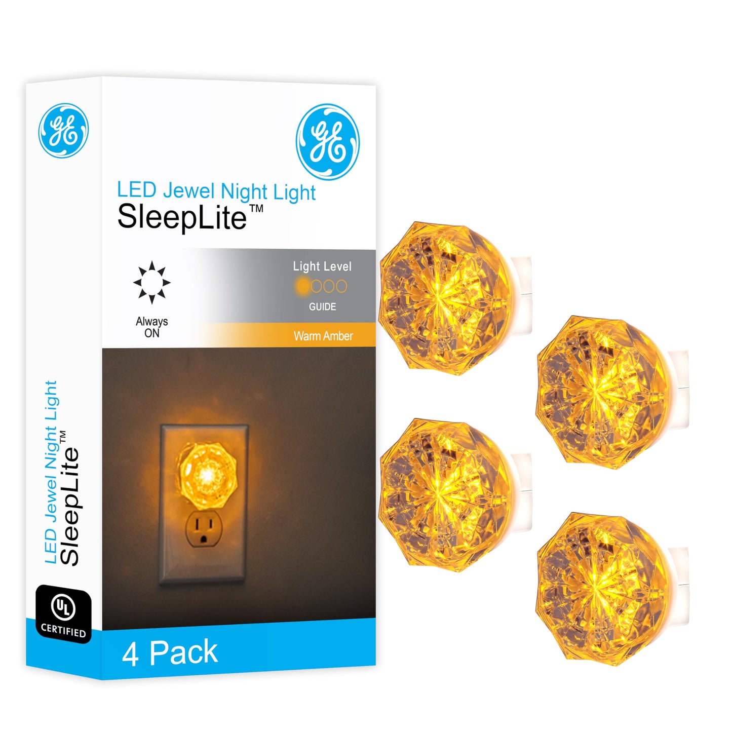 GE SleepLite Jewel LED Night Light, Plug-in, Always On, Warm White, UL-Certified, Energy Efficient, Ideal Nightlight for Bedroom, Bathroom, Nursery, Hallway, Kitchen, 85881, 4 Pack
