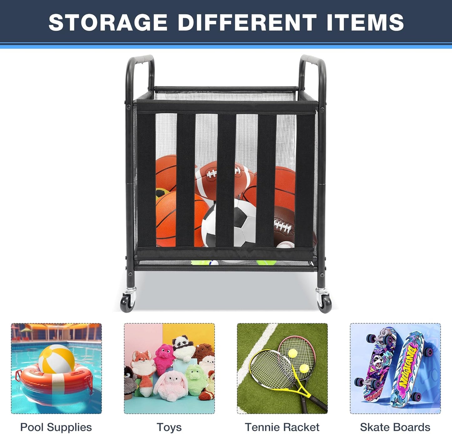 STO STO Rolling Sports Ball Storage Cart - Lockable Basketball Cage with Elastic Straps | Black Steel Organizer for Indoor & Outdoor Use
