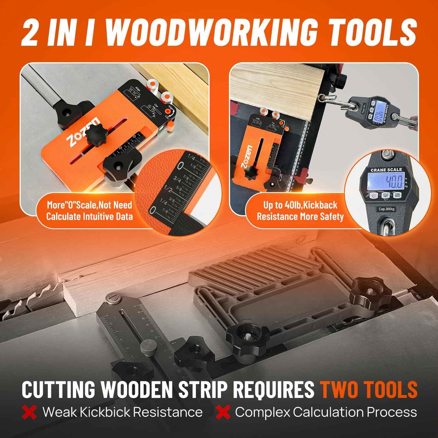 Thin Rip Jig + Feather Boards for Table Saw Jig Guide, Zozen 2in1 Woodworking Tools, Make Repetitive Strip Cut While Powerful Reducing Kickback, Directly Data without Calculation, for 3/4"X3/8"T Slots