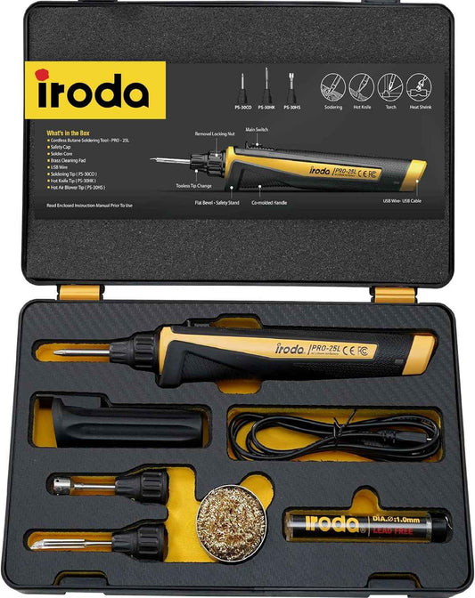 Rechargeable Iroda SolderPro 25LK Soldering Iron Kit - 30W USB Type C, 3200mAh Battery, LED Spotlight, 3 Tips & Case