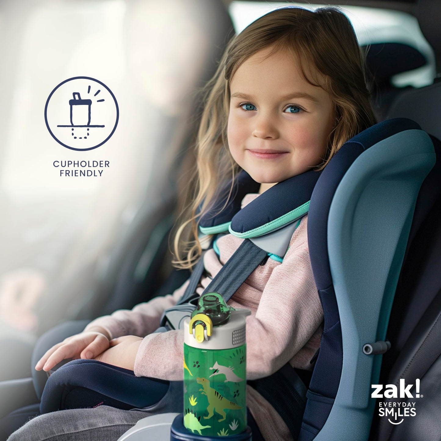 Zak Designs Sage Kids Water Bottle For School, Travel or At Home, 16oz Durable Plastic Water Bottle With Straw, Handle, and Leak-Proof, Pop-Up Spout Cover (Dino)