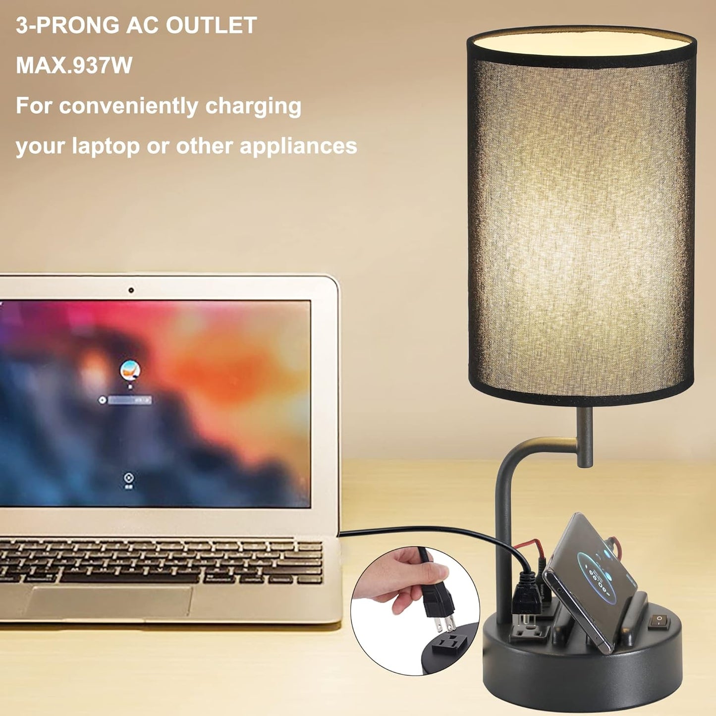 Modern Table Lamp with 3 USB Ports & AC Outlet - Set of 2 Bedside Desk Lamps in Silver