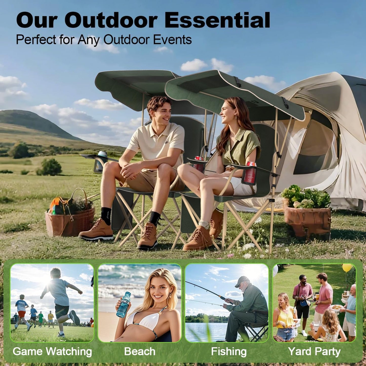 VTOY Portable Camping Chair - Durable 600D Oxford Folding Chair with Canopy for Outdoor Activities