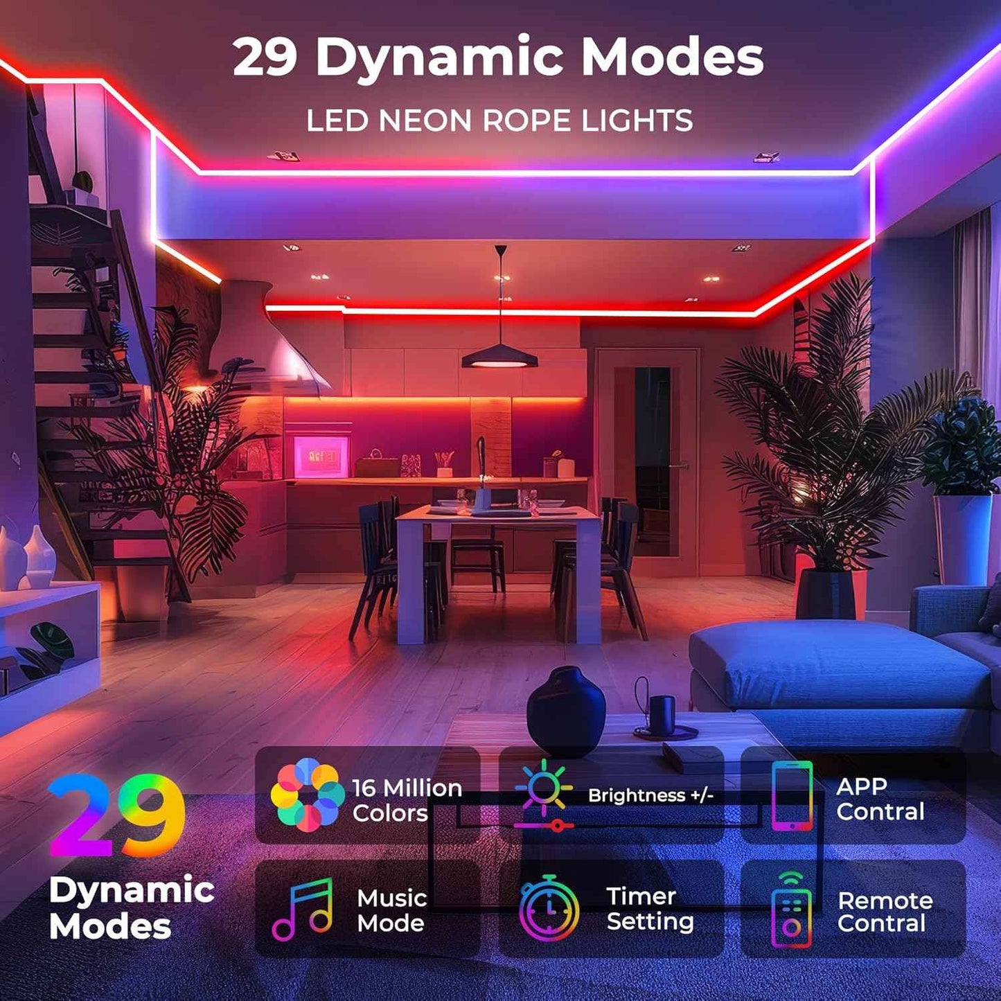 100FT Waterproof RGB LED Neon Rope Lights - App/Remote Control, Music Sync for Outdoor & Bedroom Decor